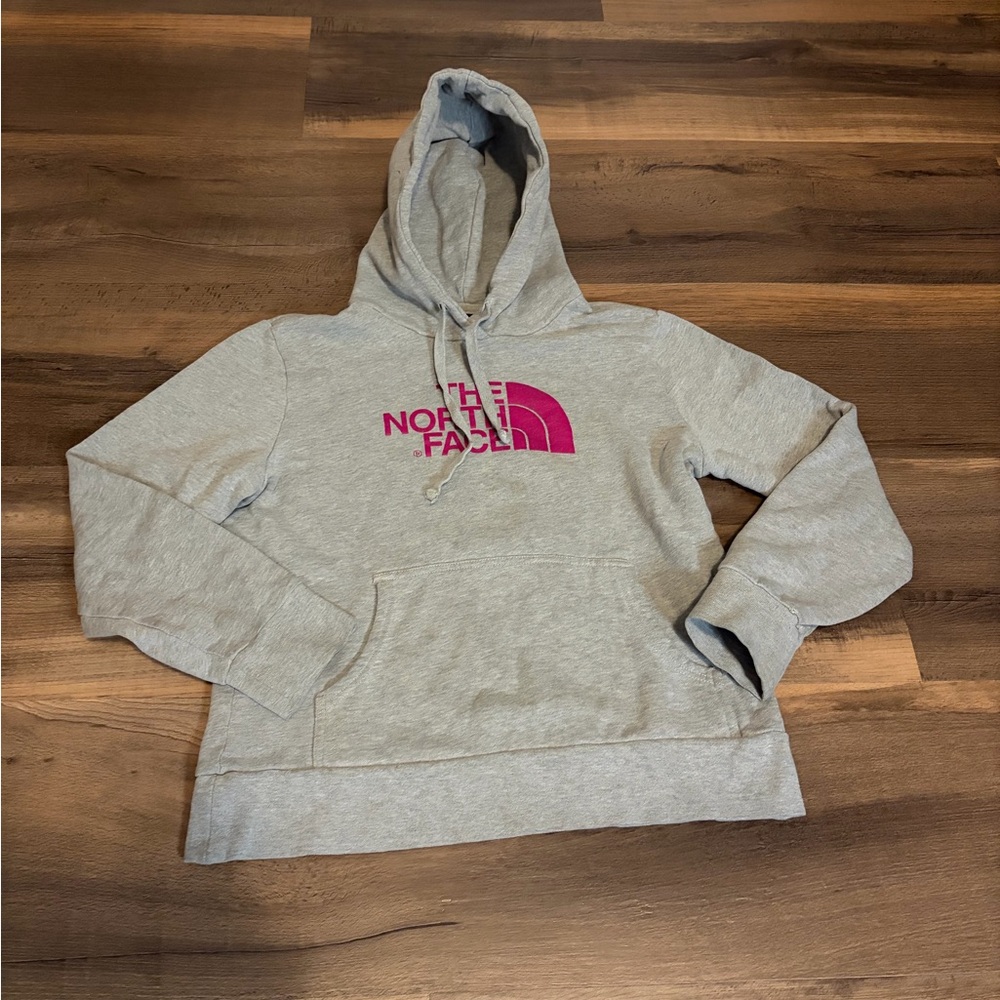 Womens The North Face Gray Hoodie with Pink Logo Size Medium